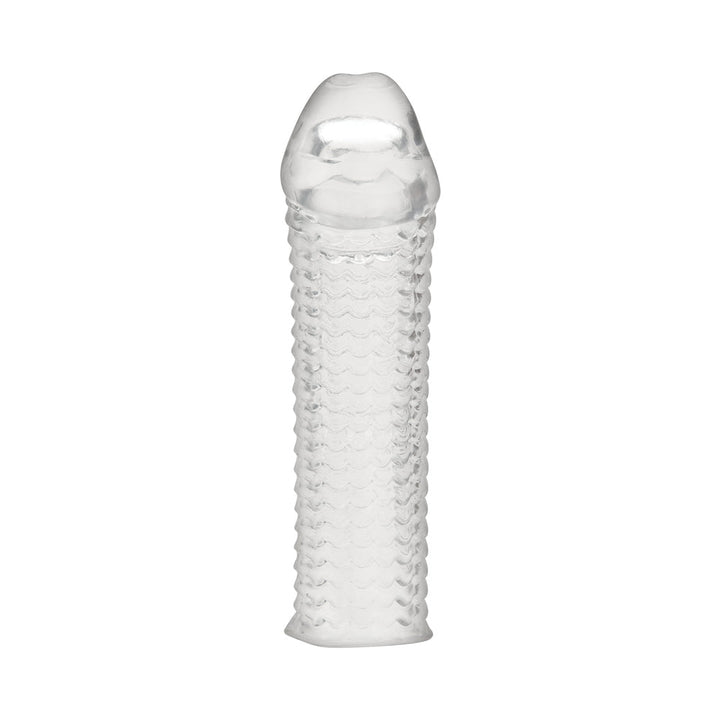 Clear textured 6.5-inch flexible penis enhancing sleeve extension with stimulating nubbed surface.