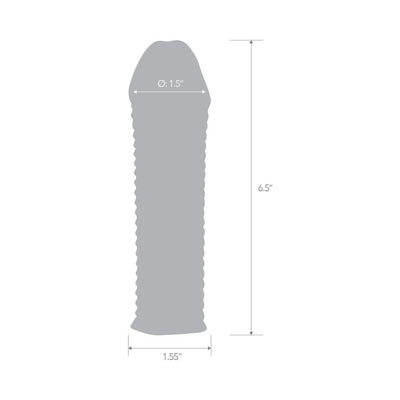 Diagram showing dimensions of a 6.5-inch clear textured penis enhancing sleeve extension with 1.5-inch diameter.