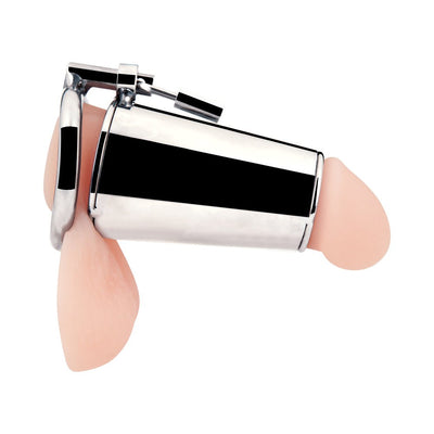 Silver stainless steel chastity cage with separate testicle ring and padlock, designed for secure and stylish wear.