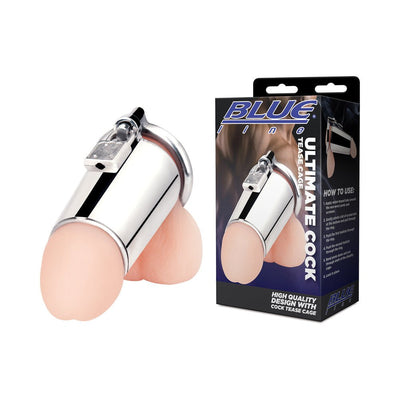 Silver stainless steel cock tease cage with separate testicle ring and padlock, shown with packaging box.