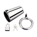 Silver stainless steel cock cage set with cylinder, testicle ring, padlock, and two keys on white background.