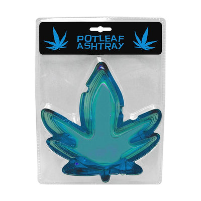 Blue glass ashtray shaped like a pot leaf in clear retail packaging with black and blue label.