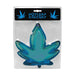 Blue glass ashtray shaped like a pot leaf in clear retail packaging with black and blue label.