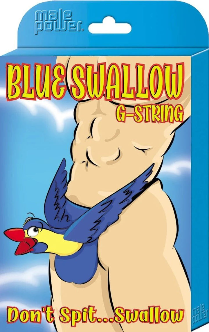 Packaging illustration of a novelty blue g-string shaped like a bird with wings and a beak for men.