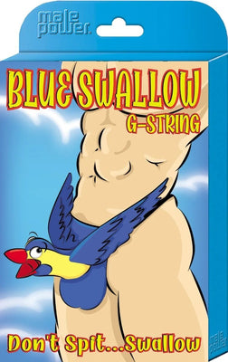 Packaging illustration of a novelty blue g-string shaped like a bird with wings and a beak for men.