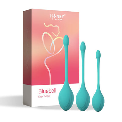 Bluebell Floral Kegel ball set in three sizes with long tails, displayed next to pink gradient Honey Play Box packaging.