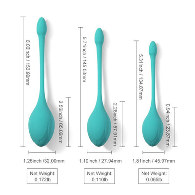Bluebell Floral Kegel ball set in blue, three sizes with detailed dimensions and weights for pelvic floor exercise.