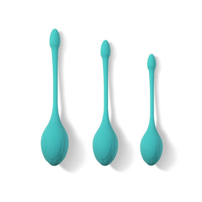Bluebell Floral 3-piece blue silicone Kegel ball set in varying sizes with long tails for pelvic floor exercise.