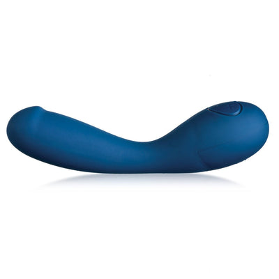 Blue curved silicone G-spot vibrator with app-controlled buttons on the handle, designed for targeted stimulation.