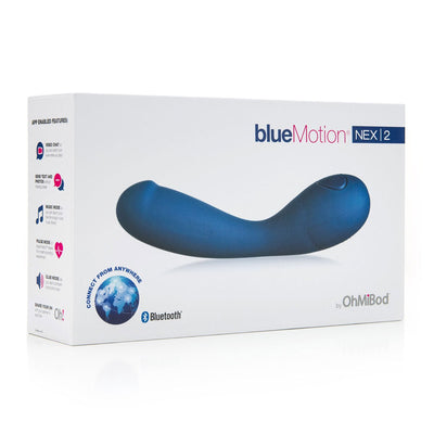 Packaging box of Bluemotion Nex 2 app-controlled blue G-spot vibrator by OhMiBod with Bluetooth and multiple app features listed.
