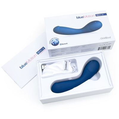Bluemotion Nex 2nd Gen blue silicone G-spot vibrator with USB charging cable in white packaging box.