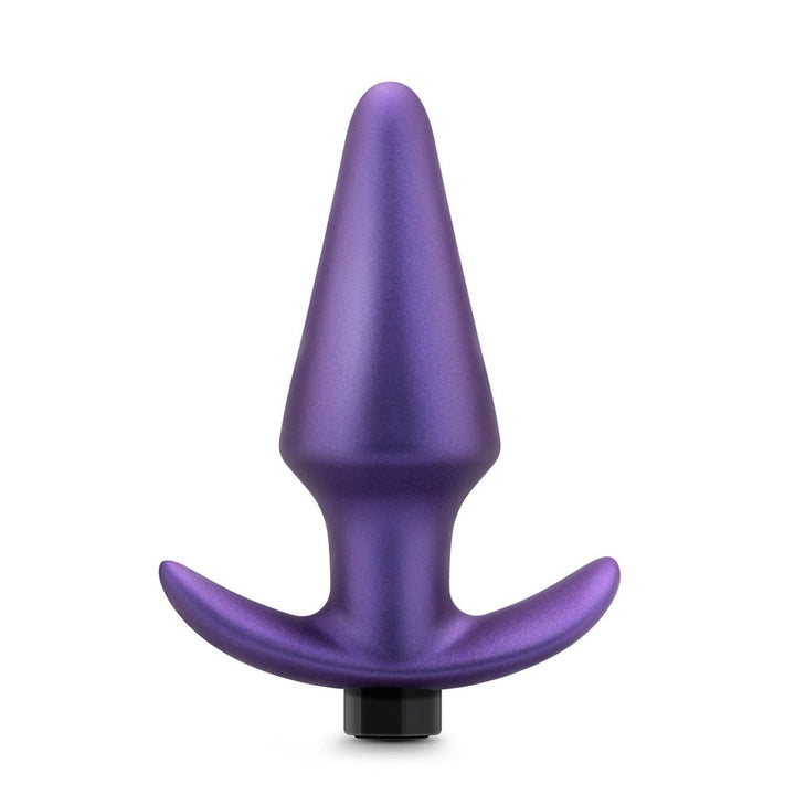 Purple iridescent tapered anal plug with flared base and black vibration control button.
