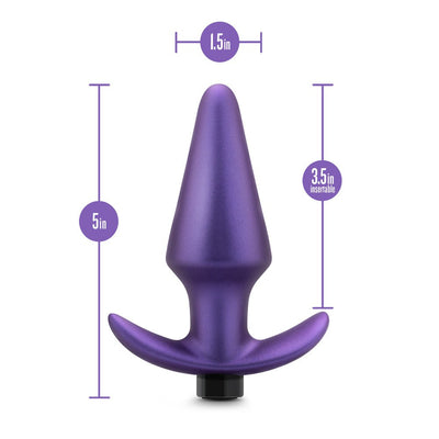 Purple iridescent anal plug with flared base, 5 inches long and 1.5 inches wide, showing insertable length of 3.5 inches.