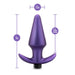 Purple iridescent anal plug with flared base, 5 inches long and 1.5 inches wide, showing insertable length of 3.5 inches.