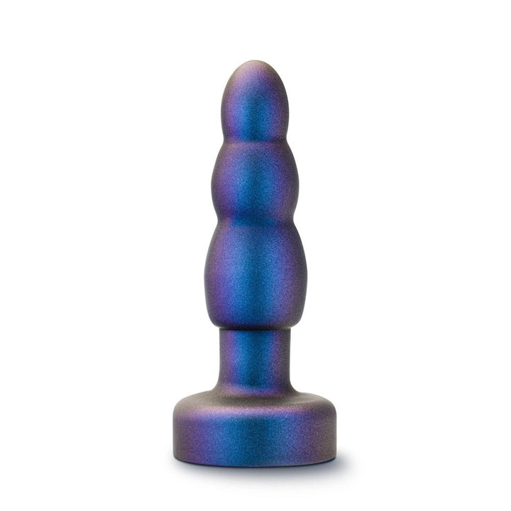 Iridescent blue and purple graduated anal plug with a wide base and smooth, tapered design.