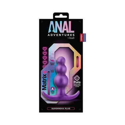 Purple Anal Adventures Matrix Supernova plug in packaging with iridescent accents and product features highlighted.