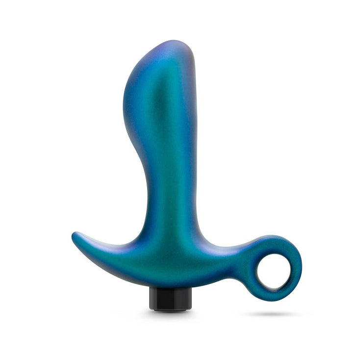 Lunar blue curved anal plug with ring base and smooth iridescent finish, designed for prostate stimulation and easy handling.