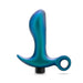 Lunar blue curved anal plug with ring base and smooth iridescent finish, designed for prostate stimulation and easy handling.