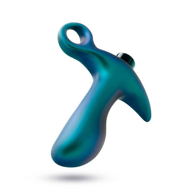 Lunar blue ergonomic anal plug with ring base and smooth iridescent finish designed for prostate stimulation.