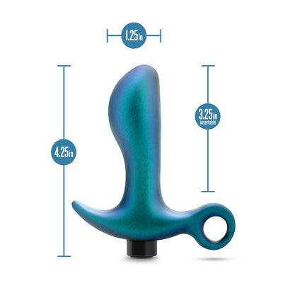 Lunar blue curved anal plug with ring base and dimensions labeled, 4.25 inches long and 1.25 inches wide.