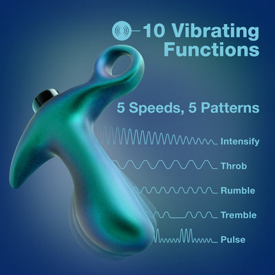 Lunar blue vibrating anal plug with ring base, showing 10 vibration modes including intensify, throb, rumble, tremble, and pulse.