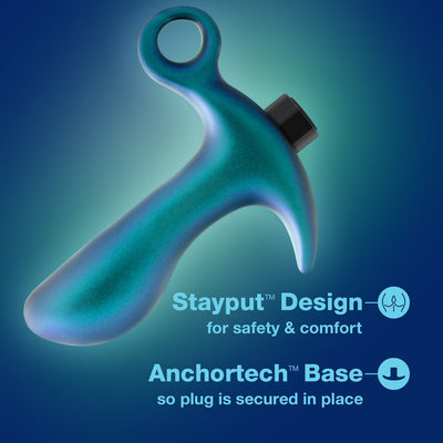 Lunar blue ergonomic anal plug with ring handle and vibration motor, highlighting Stayput design and Anchortech base for secure fit.