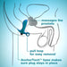 Diagram showing the Blush Anal Adventures Matrix Teleportation Plug in lunar blue positioned for prostate massage with labeled pull loop and AnchorTech base.