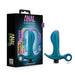 Lunar blue vibrating anal plug with ergonomic shape and ring base next to its black and iridescent packaging box.