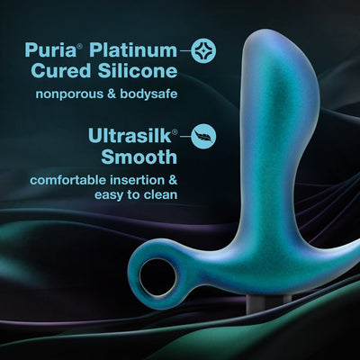 Lunar blue anal plug with ergonomic shape and ring base, made from smooth, body-safe Puria platinum-cured silicone.