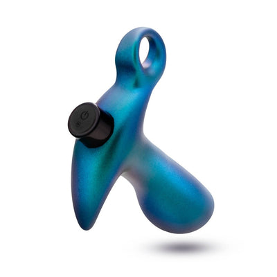 Lunar blue vibrating anal plug with ergonomic shape, ring base, and smooth iridescent finish.
