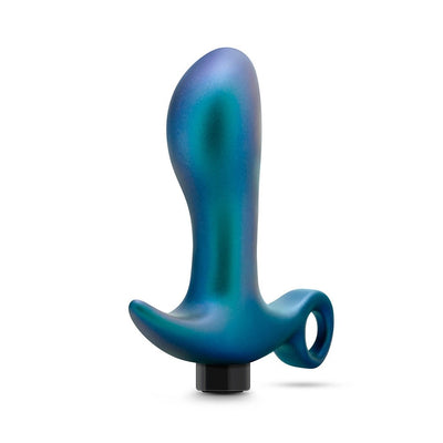 Lunar blue ergonomic anal plug with ring base and smooth iridescent finish designed for prostate stimulation.