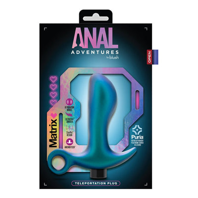 Blush Anal Adventures Matrix Teleportation Plug in lunar blue with ring base, shown in iridescent packaging.