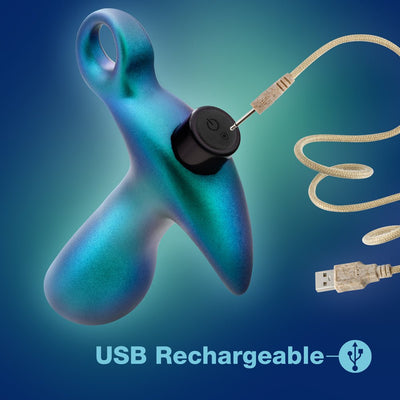 Lunar blue vibrating anal plug with ergonomic design and USB charging cable connected for easy recharging.