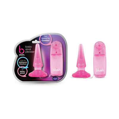 Blush B Yours Basic Anal Pleaser in pink with tapered design and multi-speed remote control, shown in packaging and out of package.