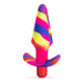 Colorful silicone vibrating plug with tapered shape and flared base, featuring vibrant swirls of pink, yellow, blue, purple, and red.