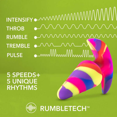 Colorful silicone vibrating plug with five speeds and unique vibration rhythms on a green background.