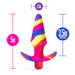 Colorful silicone vibrating plug with tapered tip and flared base, measuring 5 inches total length and 1.5 inches wide.
