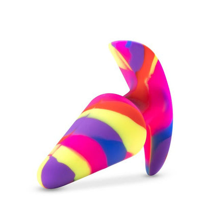 Colorful silicone vibrating plug with tapered tip and flared base in vibrant scarlet, yellow, purple, and blue swirl design.