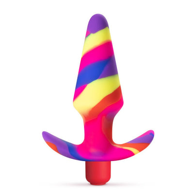 Colorful silicone vibrating plug with tapered shape and flared base, featuring vibrant swirls of purple, yellow, pink, blue, and red.