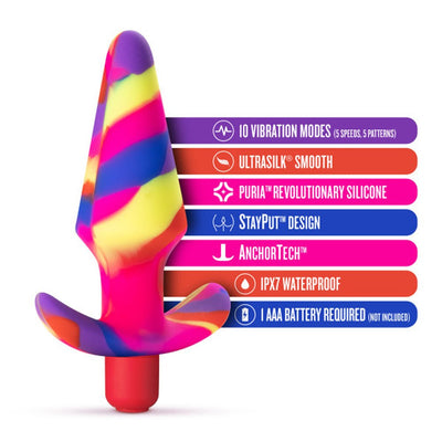 Colorful silicone vibrating plug with tapered shape and flared base, featuring 10 vibration modes and waterproof design.