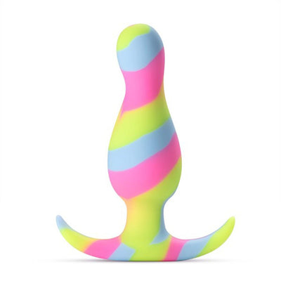 Colorful silicone plug with lime, pink, and blue swirls, featuring a tapered head and curved base for secure, comfortable wear.