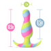 Colorful lime, pink, and blue silicone plug with tapered shape and curved base, measuring 10.5 inches total length.