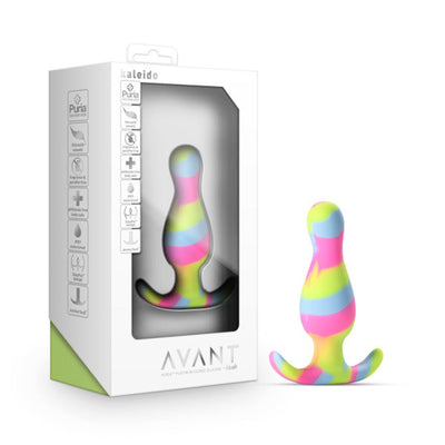 Blush Avant Kaleido silicone plug in lime with colorful striped design and ergonomic curved base next to white packaging box.