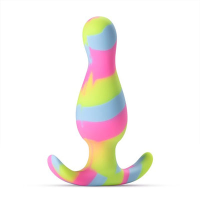 Colorful silicone plug with a tapered head and curved base in lime, pink, and blue swirl design.