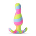 Colorful silicone plug with a tapered head and curved base in lime, pink, and blue swirl design.