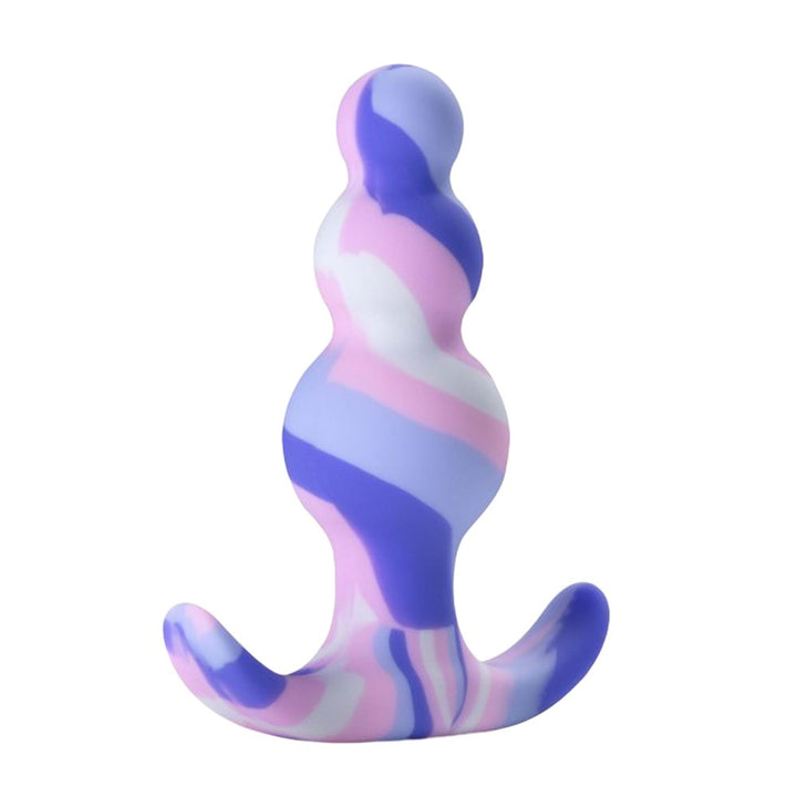 Blue, purple, and pink swirled silicone plug with tapered head and curved base for secure, comfortable wear.