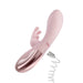 Blush Coll Morgan Pink dual stimulation vibrator with rabbit ears and magnetic USB charging cable on white background.