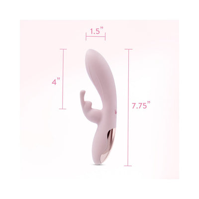 Blush Coll Morgan Pink rabbit vibrator with dual stimulation, 7.75 inches long and 1.5 inches wide, in soft pink silicone.