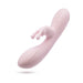 Blush pink dual-stimulation rabbit vibrator with curved shaft and flexible clitoral ears, featuring control buttons on the handle.