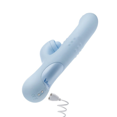 Blush Devin Blue rabbit vibrator with sliding shaft, textured beads, clitoral stimulator, and magnetic USB charger on white background.